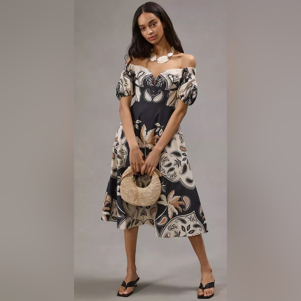 Anthropologie x Maeve Puff Sleeve Sweetheart Midi Dress | Size 6P